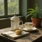 Mug and coffee cup set with gold floral detailing on a wooden table, next to a book and muffin.