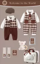 Baby gift set with bear-themed romper, socks, hat, rattle, and suitcase.