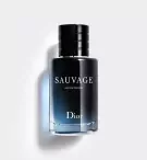 Dior Sauvage Eau de Parfum bottle, black cap, blue-toned glass with "SAUVAGE EAU DE PARFUM Dior" text.