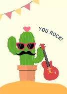 Illustration of a cool cactus with sunglasses and mustache playing a red guitar.