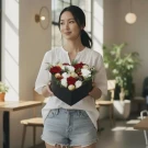Heart-shaped box with red and white roses, carnations, and Ferrero Rocher chocolates held by a woman.