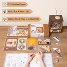 DIY wooden circus music box kit with components, instructions, and assembled model.