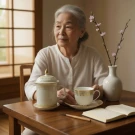Elderly woman with gray hair and a white top sits at a wooden table with a ceramic mug, teacup, and open book.