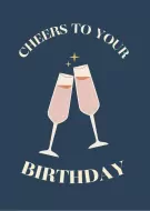 Two champagne glasses clinking with "Cheers to Your Birthday" text on a dark blue background.