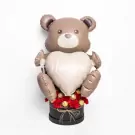 Teddy bear balloon holding a heart with "i love you!" message, in a box with red carnations and chocolates.