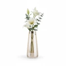 Amber glass vase with white lilies and eucalyptus sprigs on a white background.