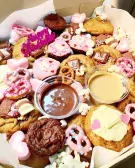 Birthday cookie and brownie box with chocolate and nutella dips.