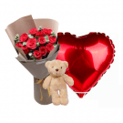 Red roses bouquet, teddy bear, and red heart balloon.