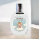 Clear perfume bottle with a "Fluffy Cloud" label featuring a fairy on a cloud.