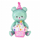 Mint green bear balloon wearing a pink party hat, holding a cupcake with "Happy Birthday" text.