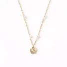 Gold necklace with a rose pendant and small pearl accents.