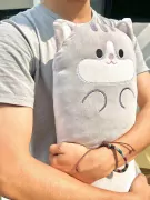 Person holding a large, grey, plush cat pillow with embroidered face and arms.