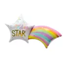 A star-shaped balloon with "Birthday STAR" printed on it, attached to a rainbow.