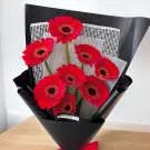 A bouquet of vibrant red gerbera daisies, arranged in a black paper wrap.