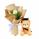 Graduation gift combo: white rose bouquet and 23cm teddy bear in graduation cap and gown.