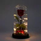 Enchanted preserved red rose in glass dome with LED lights, on a black base.