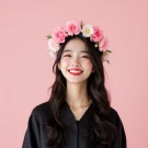 A woman wearing a graduation gown and a pink and white flower crown smiles against a pink background.