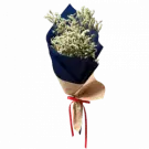 Mini-bouquet of yellow limonium flowers in craft and navy paper wrapping, tied with a red ribbon.
