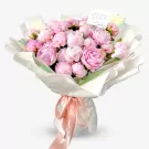 A bouquet of 30 lush pink peonies wrapped in white paper, tied with a pink ribbon.