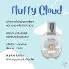Fluffy Cloud perfume bottle with floral-powdery scent description on a light blue background.