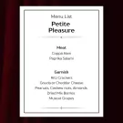 Menu for Petite Pleasure set: Coppa ham, paprika salami, Ritz crackers, Gouda cheese, grapes, nuts, and berries.