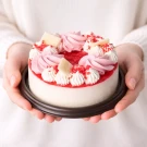 A small strawberry yogurt cake topped with pink and white whipped cream, white chocolate bars, and red sprinkles.
