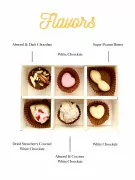 Six flavors of chocolates in a white box: Almond & Dark, White, Super Peanut Butter, Dried Strawberry Covered White, White, Almond & Coconut White.