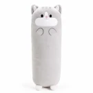 Long grey plush cat pillow with embroidered face, paws, and ears, 60cm.