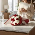 Woman holding mug, red roses and white carnations bouquet on marble counter.