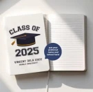 Graduation journal with "Class of 2025" and personalized name and school.