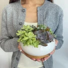 A person in a gray cardigan holds a white bowl filled with various green and purple succulents.