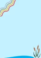 Light blue background with colorful wavy lines in top left and cattails by blue water at bottom right.