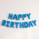 Blue foil "Happy Birthday" letter balloons with white stars strung on a white background.