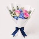 1 Blue Hydrangea, 3 Pink Roses, Chamomile, and Eucalyptus Leaves
