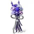 Purple balloon bouquet featuring flowers and a bow against a white background.