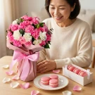 Woman smiling, holding pink carnations beside macarons and a gift box.