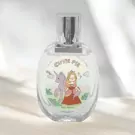 Clear glass perfume bottle with "Cutie Pie" label featuring a princess and unicorn.