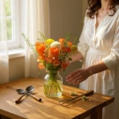 A woman in a white dress arranges an orange and yellow floral bouquet in a clear vase on a wooden table.