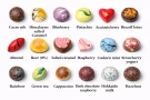 Assortment of 18 artisan chocolates in various shapes, colors, and designs with flavor names below.