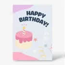 A birthday card with a cake and "Happy Birthday!" text.