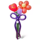 A balloon bouquet with a red heart, orange daisies, and purple tulips, tied with a purple ribbon.