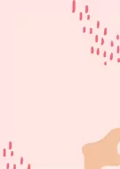 Pink card with red dashes in the top right and bottom left corners and a peach blob in the bottom right.