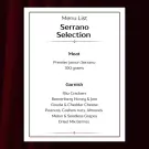 Menu for "Serrano Selection" featuring Jamon Serrano meat and various garnishes.