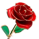A red rose dipped in 24K gold with green leaves and gold stem.