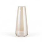 A tall, tapering amber glass vase with a white background.