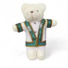White teddy bear wearing a Chulalongkorn University graduation gown with blue and gold trim.