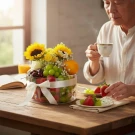 Elderly man drinking tea next to a fruit and flower box on a wooden table.