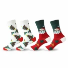 Four festive Christmas socks: two with trees, two with Santa Claus, on a white background.