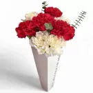 Red and white carnations in a white vase with text "BLOOM FOR YOU".