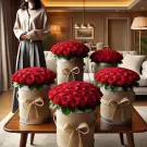 Five vases brimming with red roses are displayed on a table, with a woman standing in the background.